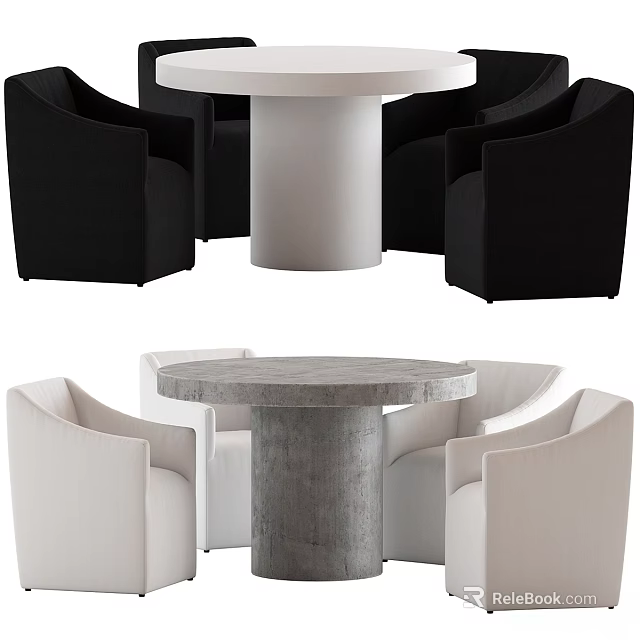Modern Round Dining Table and Chairs Set with Black White Seats and Concrete Pedestal 3d model 