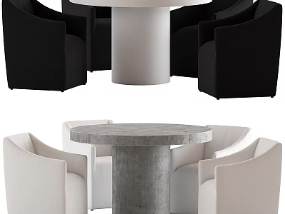 Modern Round Dining Table and Chairs Set with Black White Seats and Concrete Pedestal 3d model