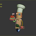 Cartoon Robot Chef Character Riding Small Motorcycle Holding Red Tray With Delicious Hamburger