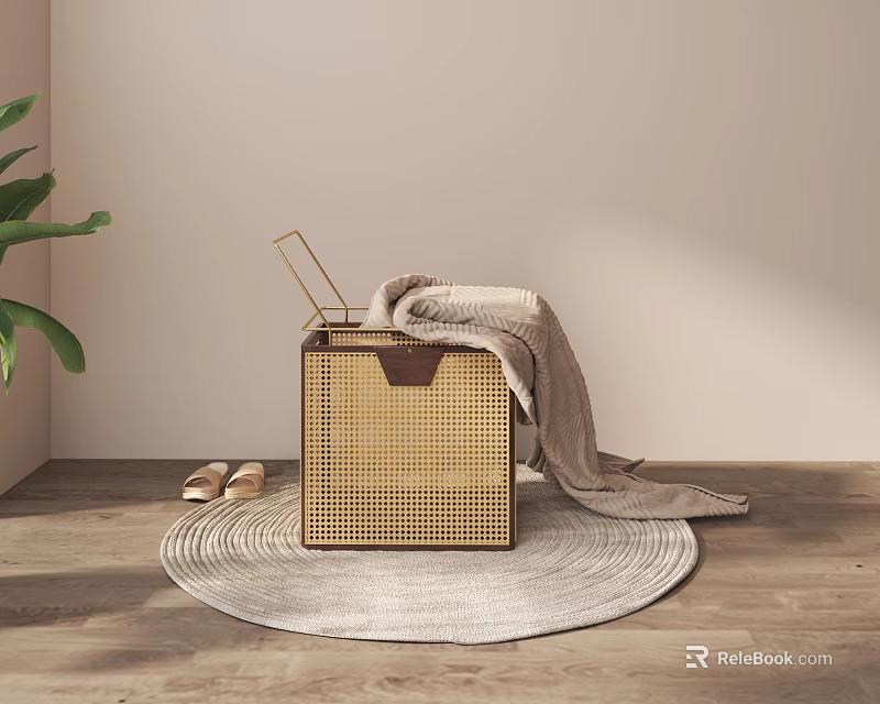 Woven Storage Basket With Cozy Blanket And Slippers On Wooden Floor 3d model 