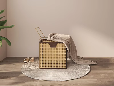 Woven Storage Basket With Cozy Blanket And Slippers On Wooden Floor 3d model