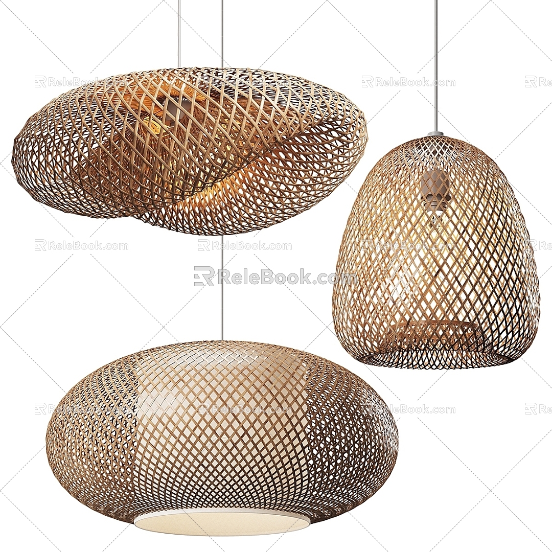 Modern chandelier bamboo wicker lamp decoration 3d model