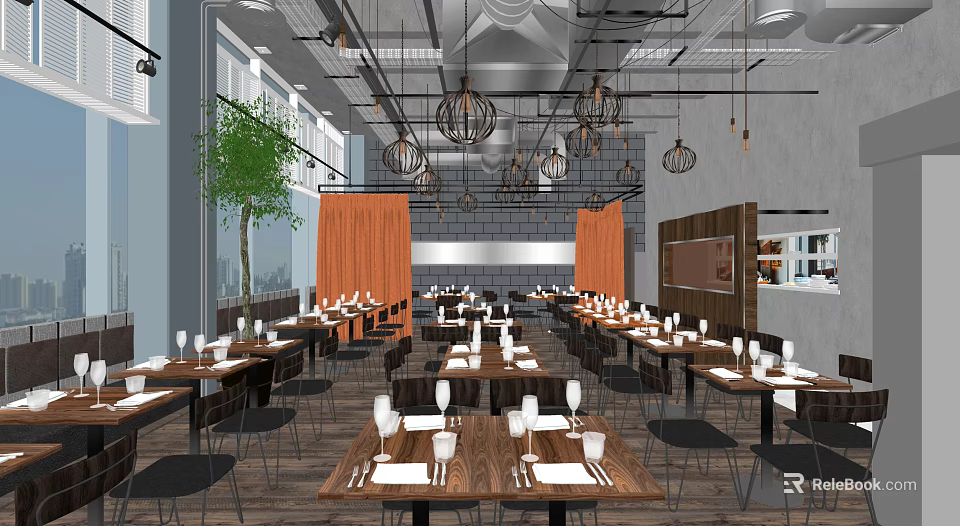 Modern Restaurant Interior With Wooden Dining Tables Orange Curtains Pendant Lights And Green Plant 3d model 