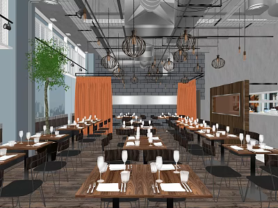 Modern Restaurant Interior With Wooden Dining Tables Orange Curtains Pendant Lights And Green Plant 3d model