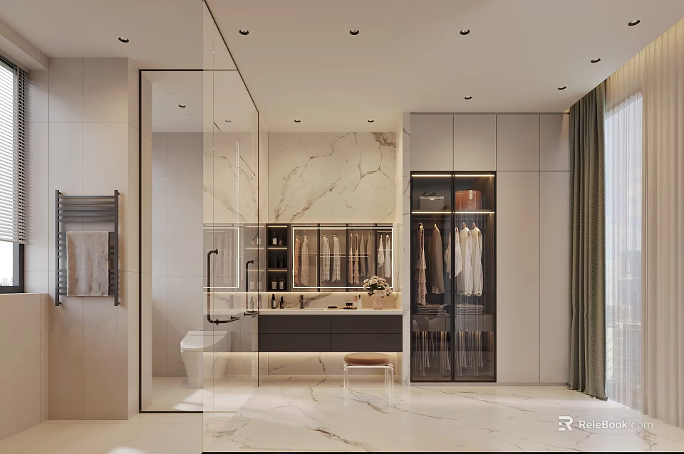 Modern Bathroom Interior With Marble Walls Glass Partition Vanity And Storage Cabinets 3d model 