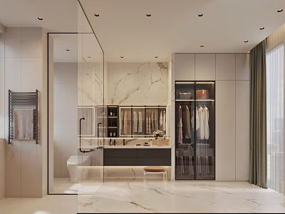 Modern Bathroom Interior With Marble Walls Glass Partition Vanity And Storage Cabinets 3d model