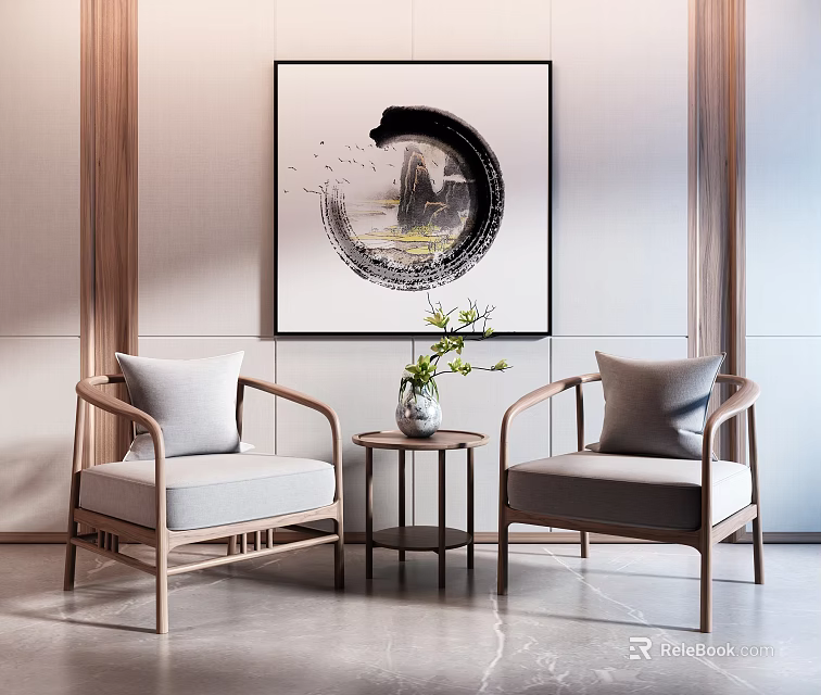 Modern Leisure Chair Combination With Side Table Vase Green Plants And Wall Art 3d model 