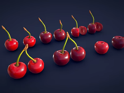 Juicy Red Cherries Fresh Whole and Halved Arranged on Dark Background 3d model
