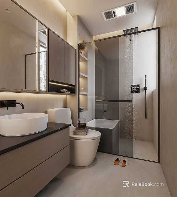 Modern Bathroom Interior With Glass Shower Enclosure White Sink And Wooden Cabinets 3d model 