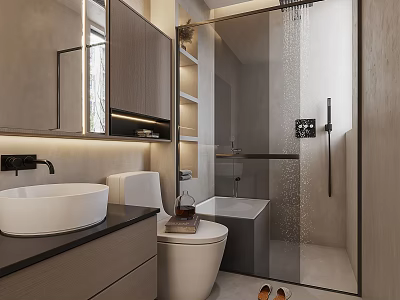 Modern Bathroom Interior With Glass Shower Enclosure White Sink And Wooden Cabinets 3d model