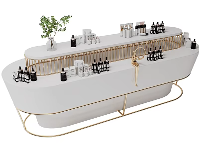 Modern White Display Shelf With Gold Frame Cosmetic Products And Green Plant 3d model