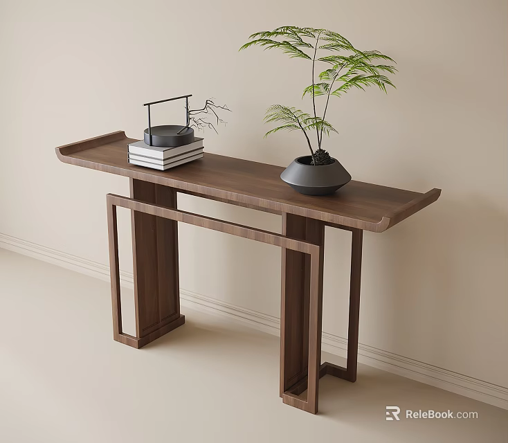 Modern Minimalist Wooden Console Table With Books Tray And Fern Plant On Light Wall 3d model 