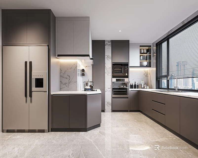 Modern Kitchen Interior With Gray Cabinets Marble Countertops Island Appliances And Large Windows 3d model 
