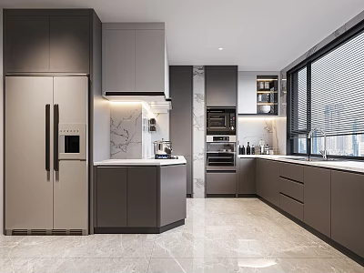 Modern Kitchen Interior With Gray Cabinets Marble Countertops Island Appliances And Large Windows 3d model