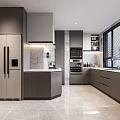 Modern Kitchen Interior With Gray Cabinets Marble Countertops Island Appliances And Large Windows