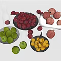 Assorted Fresh Fruits in Glass and Black Bowls with Plums Apples and Apricots