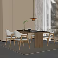 Modern Minimalist Wooden Dining Table Set With Four Chairs Pendant Light And Window Curtains