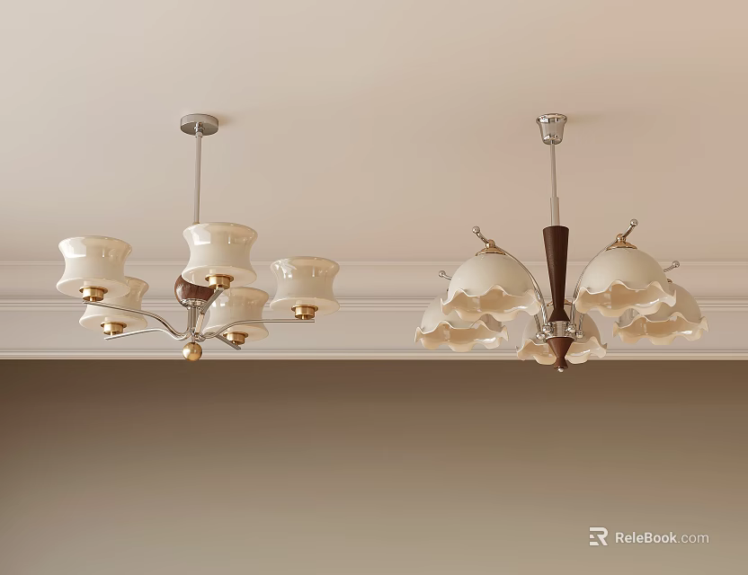 Unique Design Chandeliers with White Lampshades and Stylish Details for Interior Ceiling Decor 3d model 