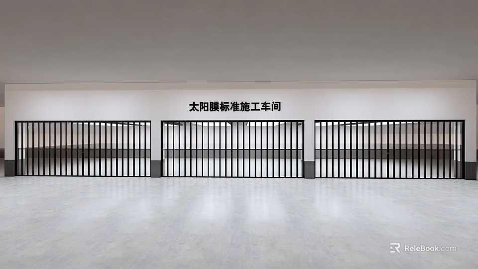 Black Slatted Folding Doors In Standard Solar Film Workshop With Metal Rail Design 3d model 
