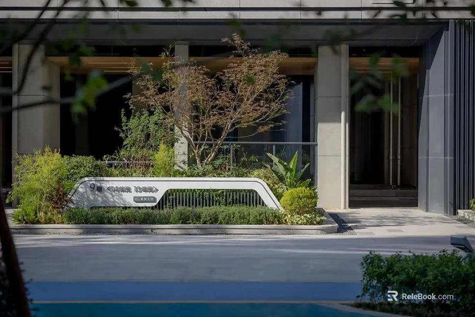 Modern Scenic Feature Wall Design With Greenery And Geometric Patterns In Residential Courtyard 3d model 