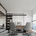 Modern Public Office Space With Hexagonal Pendant Lights Meeting Tables And Wall Slogans