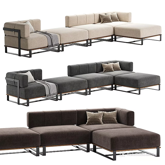 Modern Sectional Sofa In Multiple Colors With Soft Pillows And Metal Frame Design 3d model