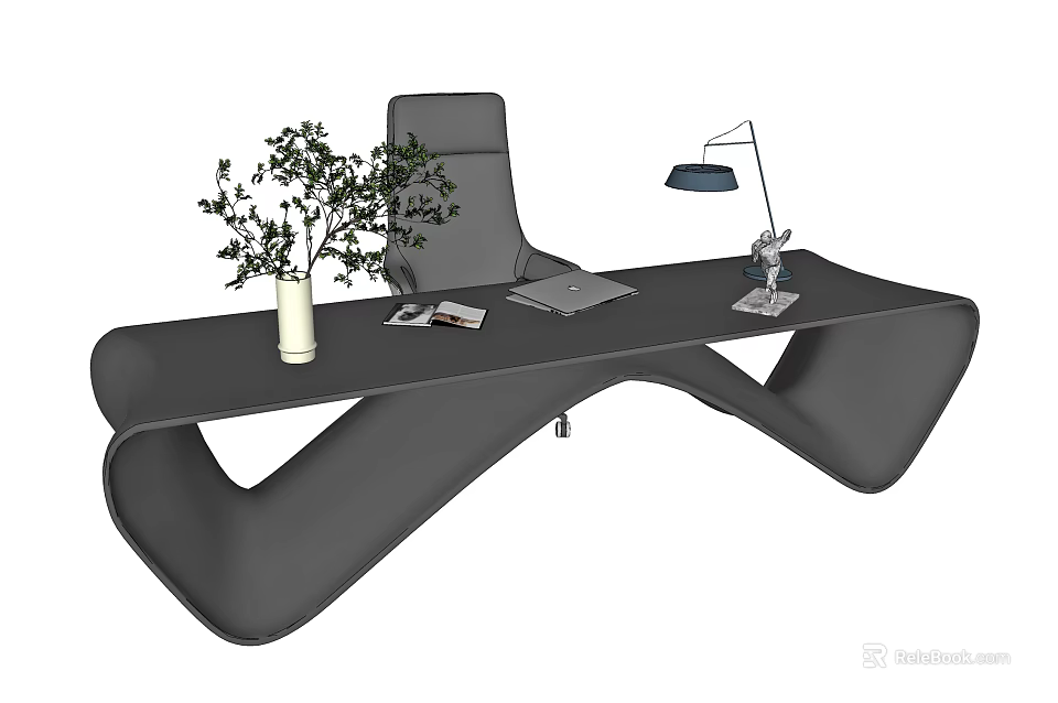 Modern Curved Office Desk With White Vase Green Plant Laptop And Table Lamp 3d model 