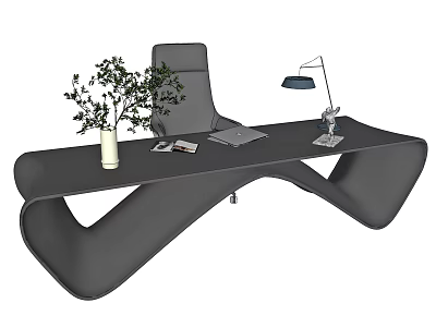 Modern Curved Office Desk With White Vase Green Plant Laptop And Table Lamp 3d model