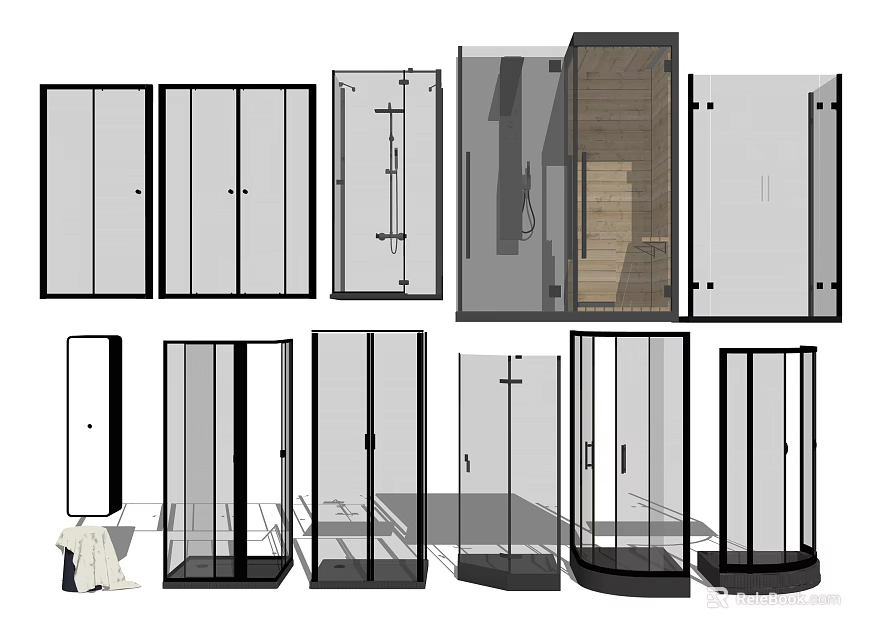Modern Steam Shower Sauna Room Designs With Glass Enclosures And Wooden Interiors 3d model 