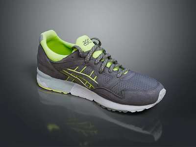 Gray Casual Sneakers With Neon Green Lining Yellow Stripes And White Sole Design 3d model