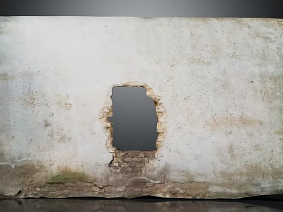 Old weathered wall with central hole revealing dark background and exposed bricks at bottom 3d model