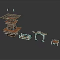 Detailed 3D Ancient Wooden Architecture Models Featuring Pagoda Archway And Pavilion