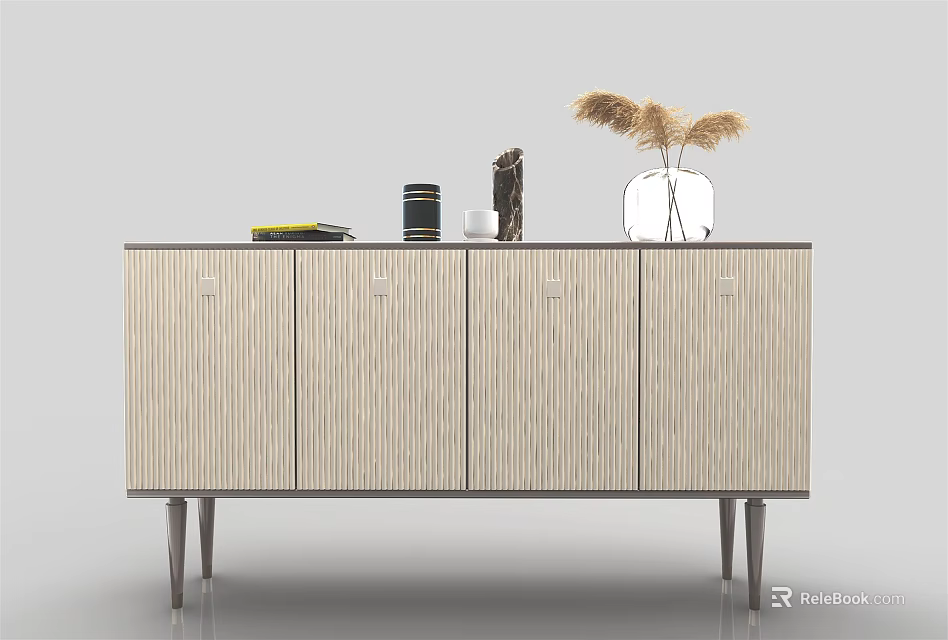 Light Wood Entryway Side Cabinet Console With Metal Legs Dried Grass Vase And Books 3d model 