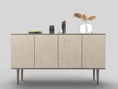 Light Wood Entryway Side Cabinet Console With Metal Legs Dried Grass Vase And Books 3d model