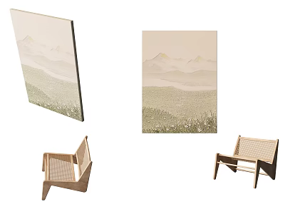 Minimalist Wooden Chairs With Woven Texture And Landscape Paintings For Home Decor 3d model