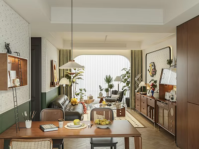 Elegant Modern Open Living Dining Room With Wooden Furniture Green Plants And Pendant Light 3d model