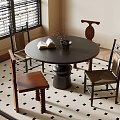 Round Dining Table Set With Chairs On Checkered Rug And Window Blinds 3d model