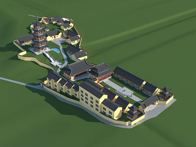 Ancient Chinese Architecture with Traditional Tower Courtyard and Connected Classical Buildings 3d model