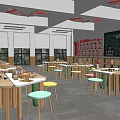 School Classroom Interior Featuring Blackboard Red Star Ceiling Decor Windows And Bright Lighting 3d model
