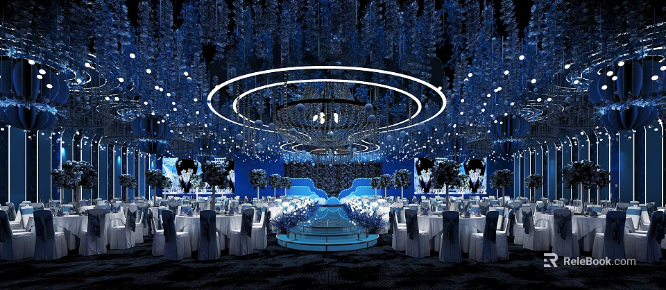 Elegant Blue Themed Banquet Hall with Circular Chandelier White Tables and Floral Decorations 3d model 