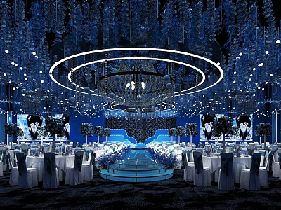 Elegant Blue Themed Banquet Hall with Circular Chandelier White Tables and Floral Decorations 3d model