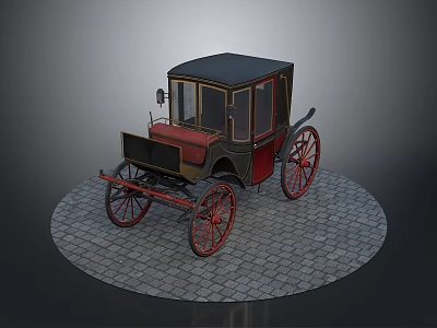 Vintage Horse Drawn Carriage With Black Top Red Wheels And Cobblestone Ground 3d model