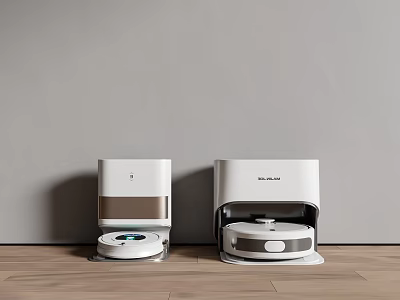 Two White Robot Vacuum Cleaners With Charging Docks On Wooden Floor 3d model