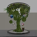 Indoor Landscape Featuring Moss Covered Tree With Colorful Hanging Spheres Small Figurine And White Pebbles