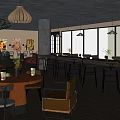 Modern Cafe Interior With Round Tables Leather Chairs Bar Counter And Pendant Lamps