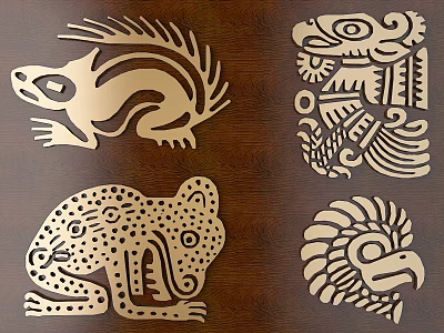Artistic Carved Animal Motifs With Golden Intricate Patterns On Wooden Background 3d model