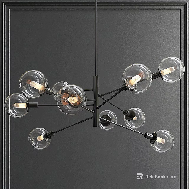 Modern Black Metal Chandelier With Transparent Glass Globe Shades And Light Bulbs 3d model 