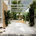Garden Landscape Featuring Glass Canopy Wooden Lattice Lush Plants White Paved Floor And Seating Area