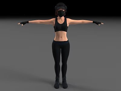 Woman In Black Sportswear With Headphones And Mask Posing With Arms Outstretched 3d model