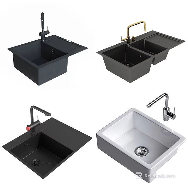 Various Design Kitchen Sinks With Single Double Bowl And Different Color Faucets 3d model